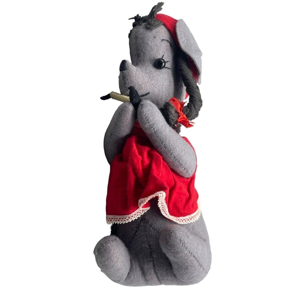 vtg handmade gray mouse plush Christmas toy decor night gown candle 10" READ